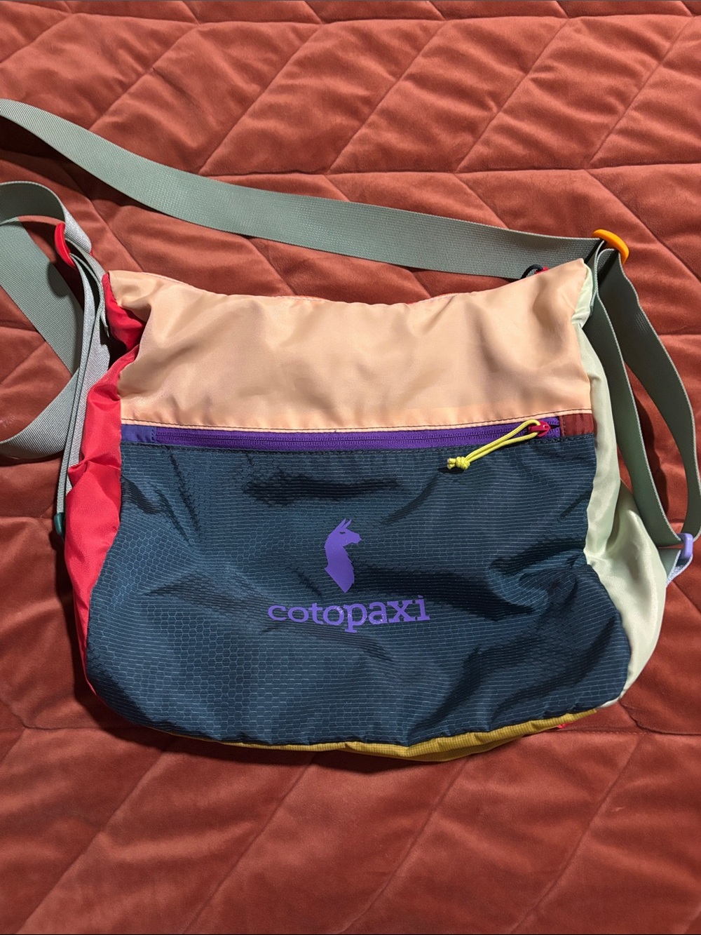 cotopaxi Colorblock Crossbody Bag in Navy, Peach, Red, Cream, Yellow, Purple
